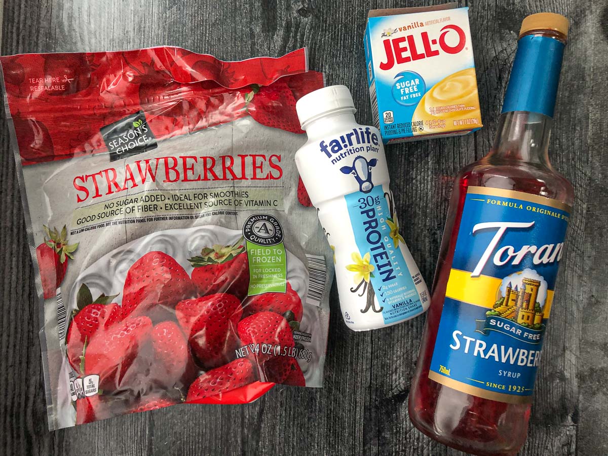 recipe ingredients - frozen strawberries, Fairlife protein drink, jello and Torani syrup