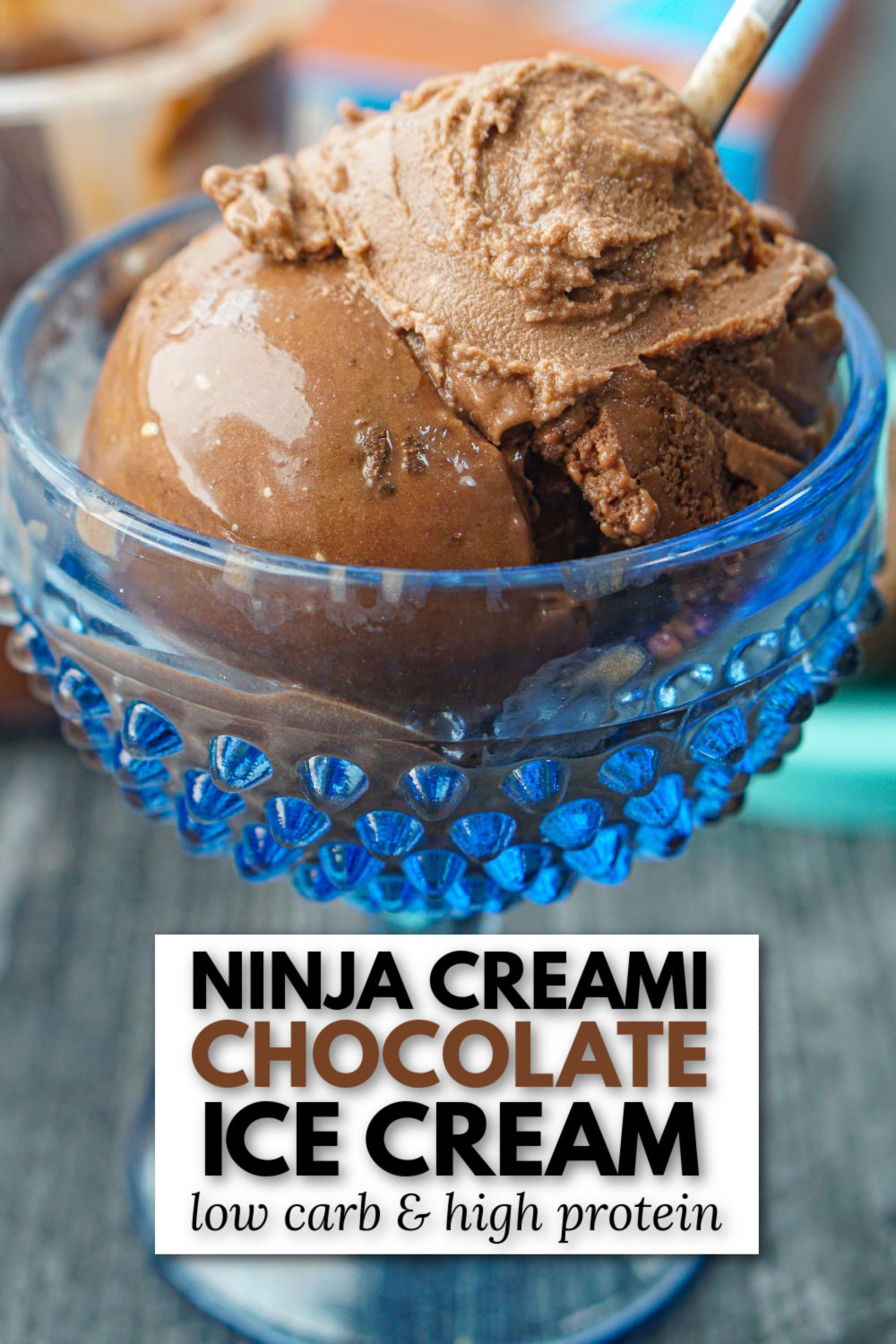 closeup of blue bowl with scoops of Ninja Creami chocolate ice cream and text