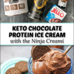 ingredients and blue bowl with scoops of Ninja Creami chocolate ice cream and text