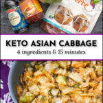 ingredients and pan with spicy stir fried cabbage with text