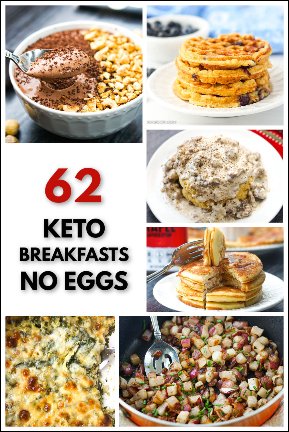 collage of pictures of keto breakfasts without eggs and text