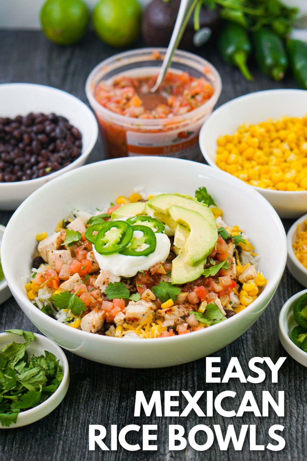 Mexican rice bowl with fixings with text