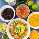 aerial view of Mexican rice bowl with fixings with text
