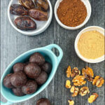 aerial view of blue dish with mocha maca balls, dates, cocoa powder, walnuts and maca powder with text