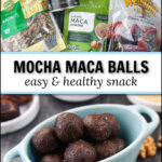 ingredients and blue dish with mocha maca balls, dates, cocoa powder, walnuts and maca powder with text