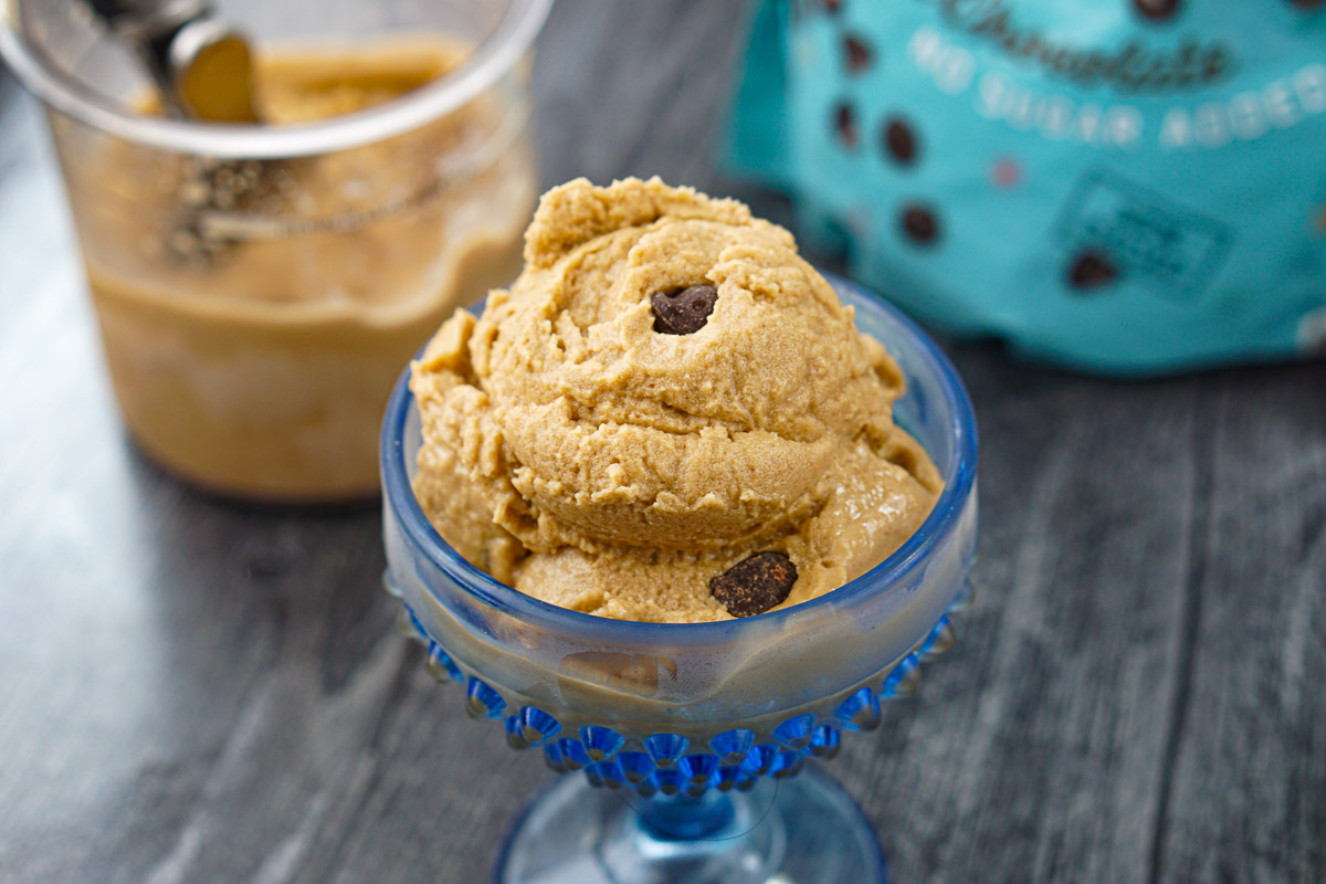 glass dish with coffee chocolate chip ice cream