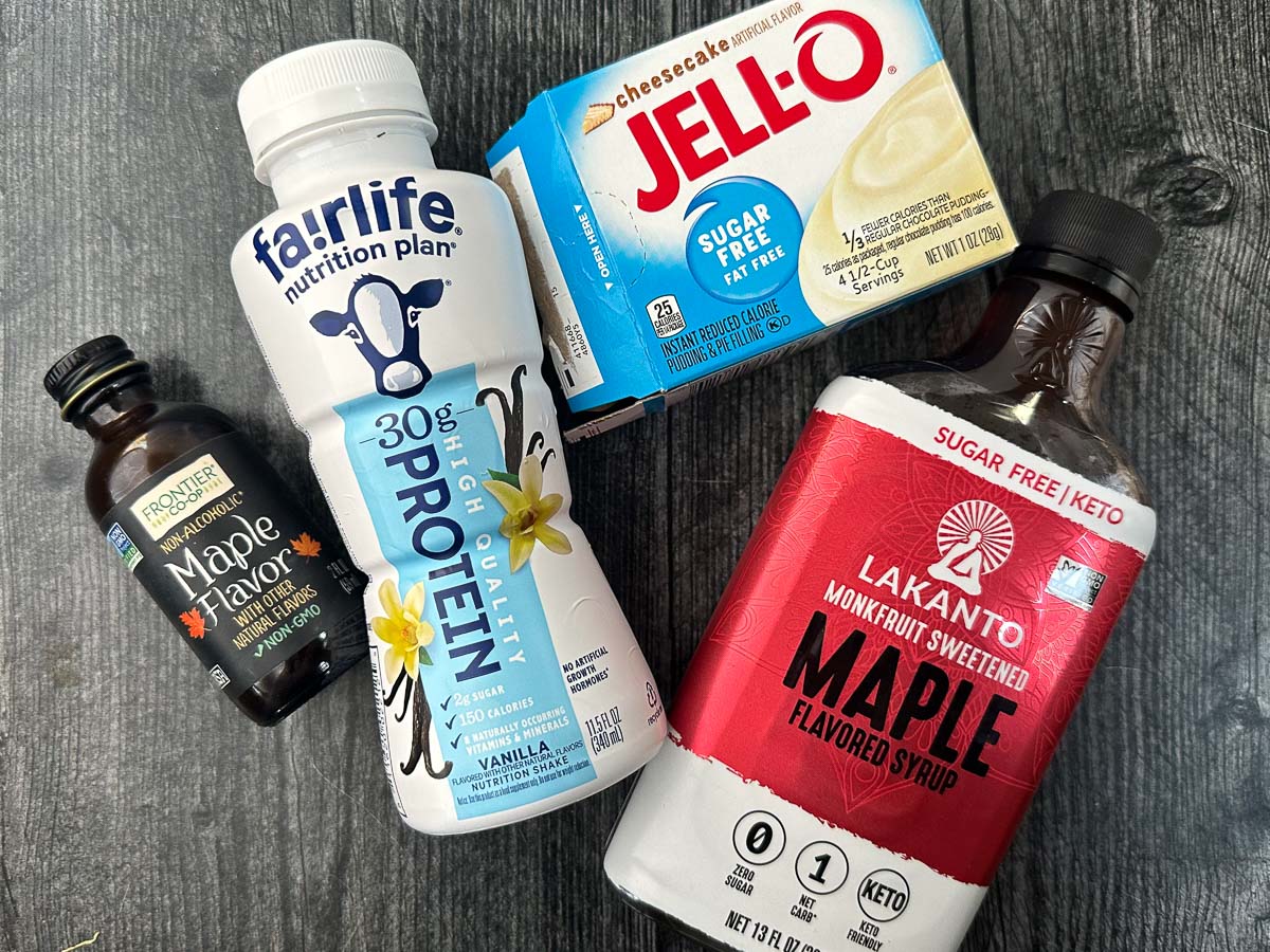 recipe ingredient - fair life protein drink, sugar free pudding, Lakanto maple syrup, maple extract
