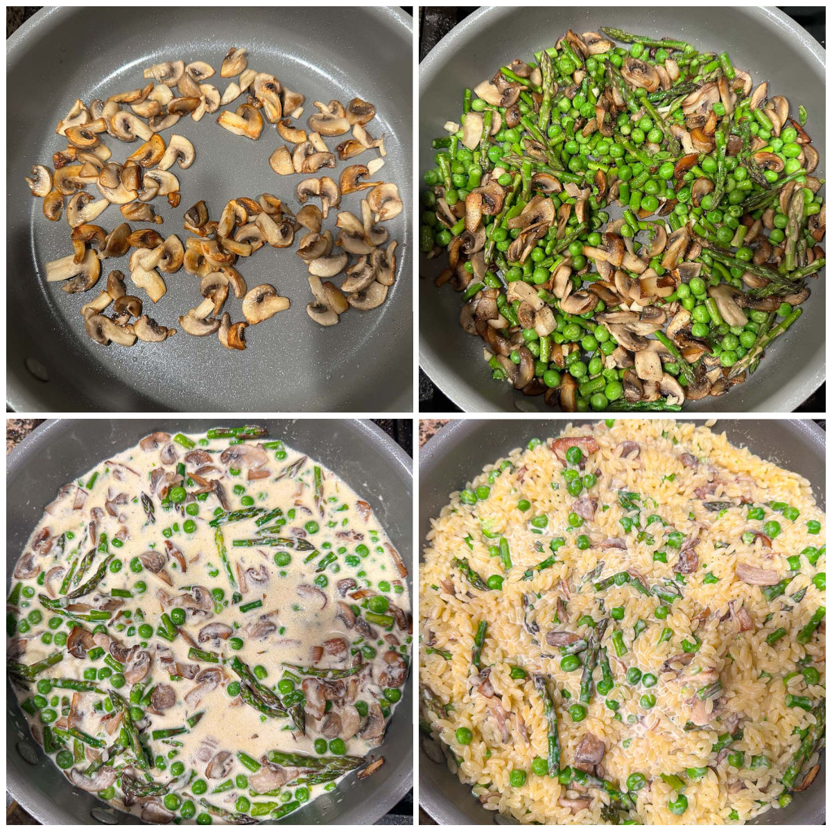 collage of pictures of pans to make creamy orzo with veggies