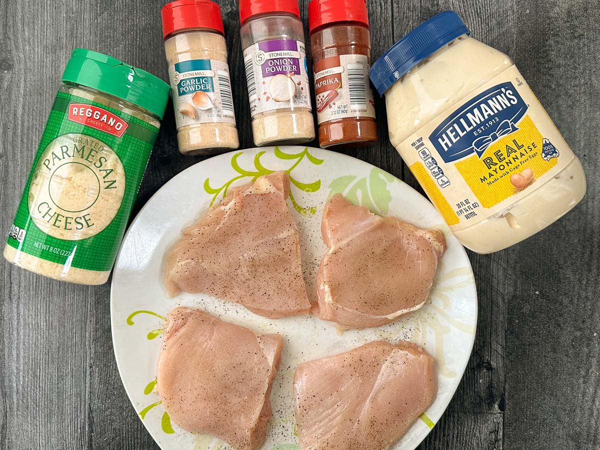recipe ingredients - spices, raw chicken breast, mayo and parmesan cheese