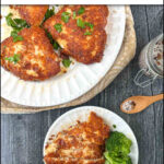 white plates with keto chicken with a parmesan crust and text