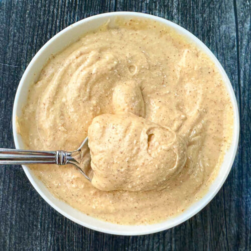 white bowl with whipped peanut butter cottage cheese