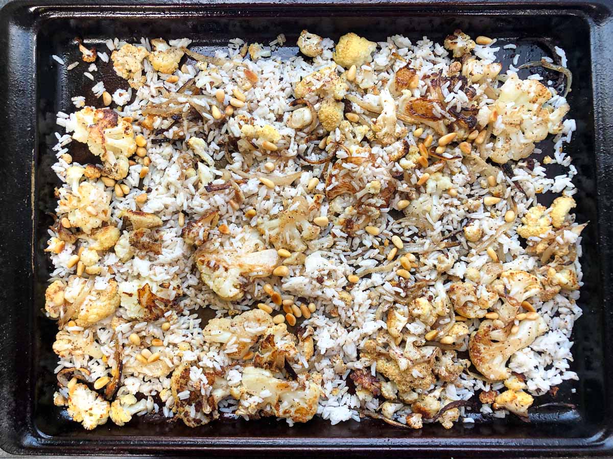 sheet pan with roasted cauliflower with rice