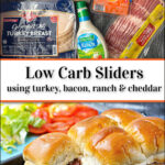 baking sheet with keto turkey bacon ranch sliders and text