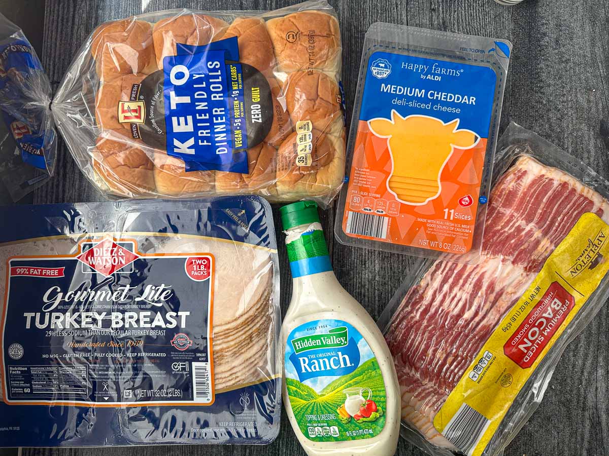 recipe ingredients - keto buns, turkey, cheddar slices, bacon, ranch