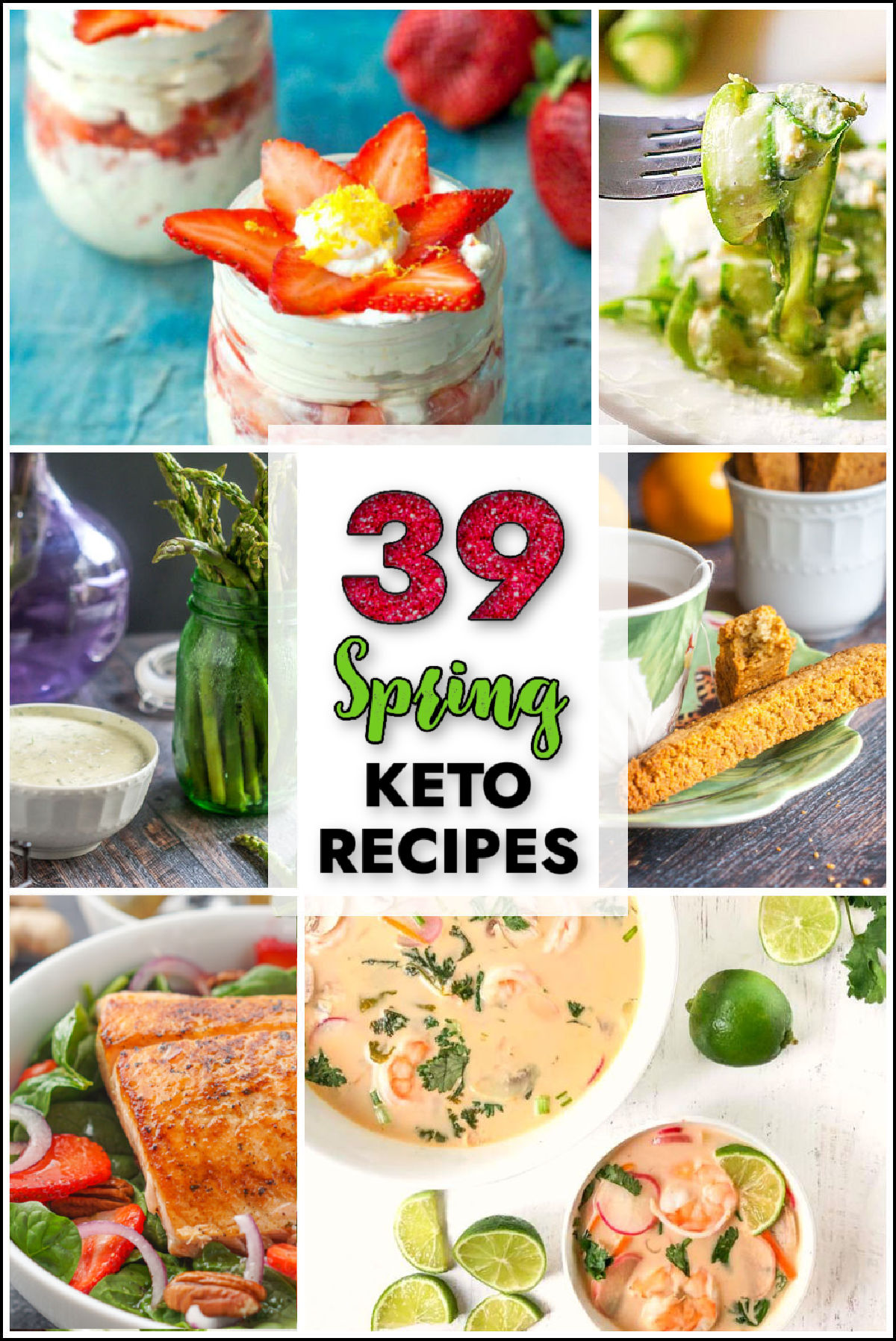 Collage of pictures with keto spring recipes and text overlay.