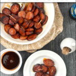 aerial view of white bowl and plate with spicy sweet pieces of kielbasa with text