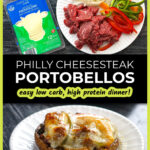 White plate with Philly cheesesteak stuffed portobello mushrooms and text.