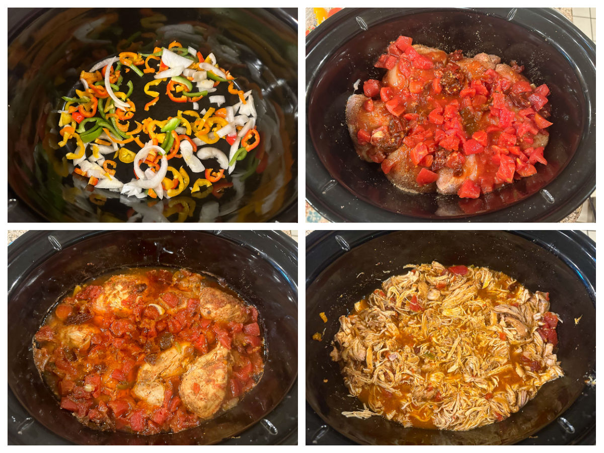 collage of pics of slow cooker in stages of making chipotle chicken