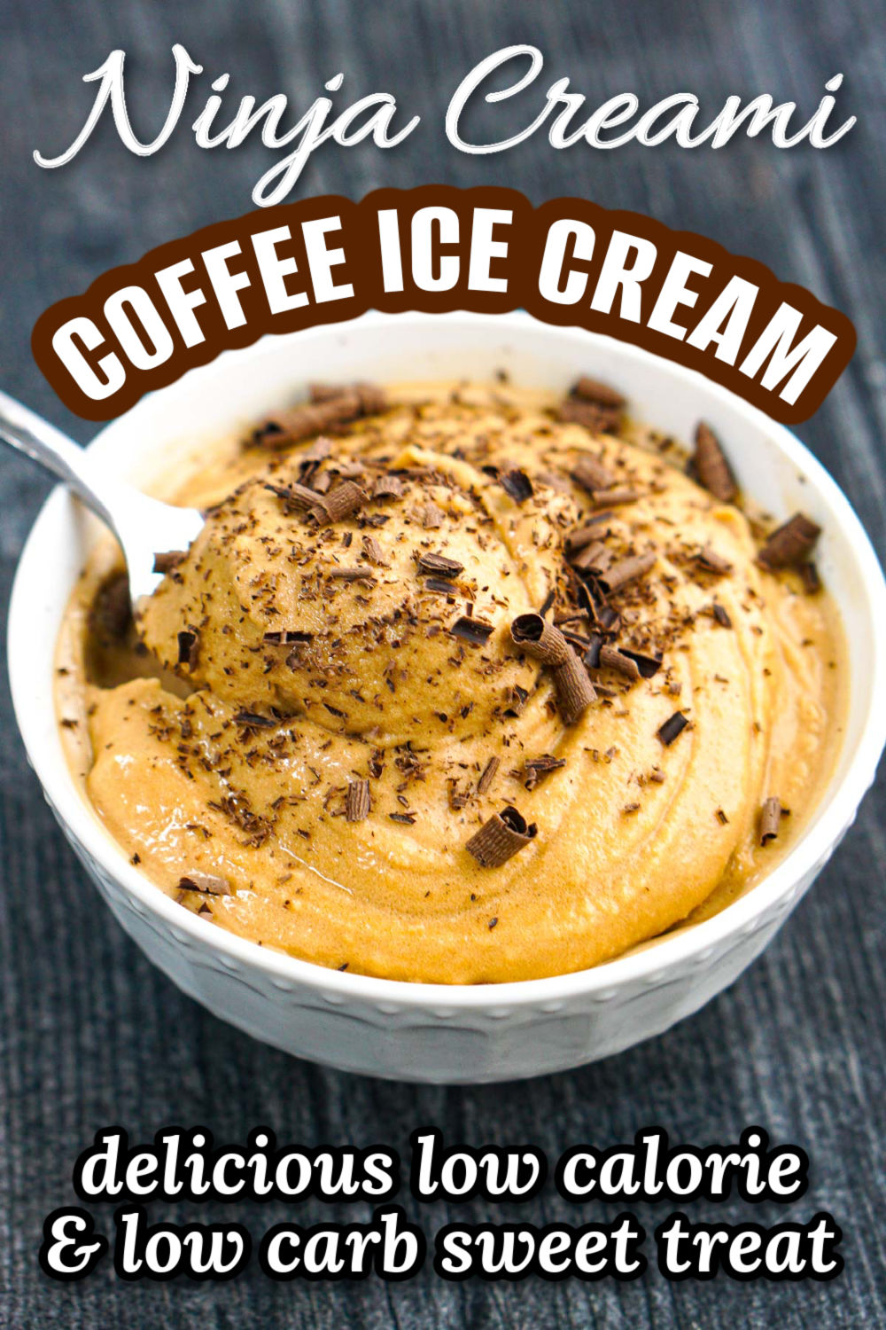 white bowl with Ninja Creami coffee ice cream with chocolate shavings and text