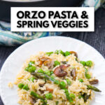 pan and plate with creamy orzo pasta with peas & mushrooms with text