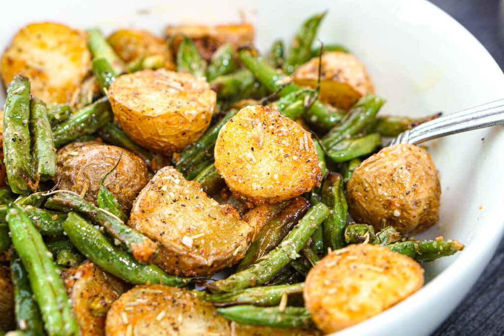 Air Fryer Parmesan Potatoes and Green Beans - easy side dish!