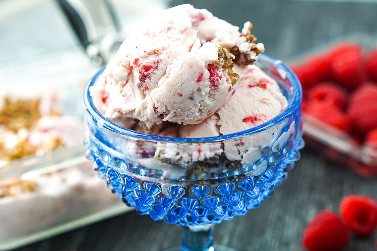 closeup of a blue dish with raspberry cottage cheese ice cream