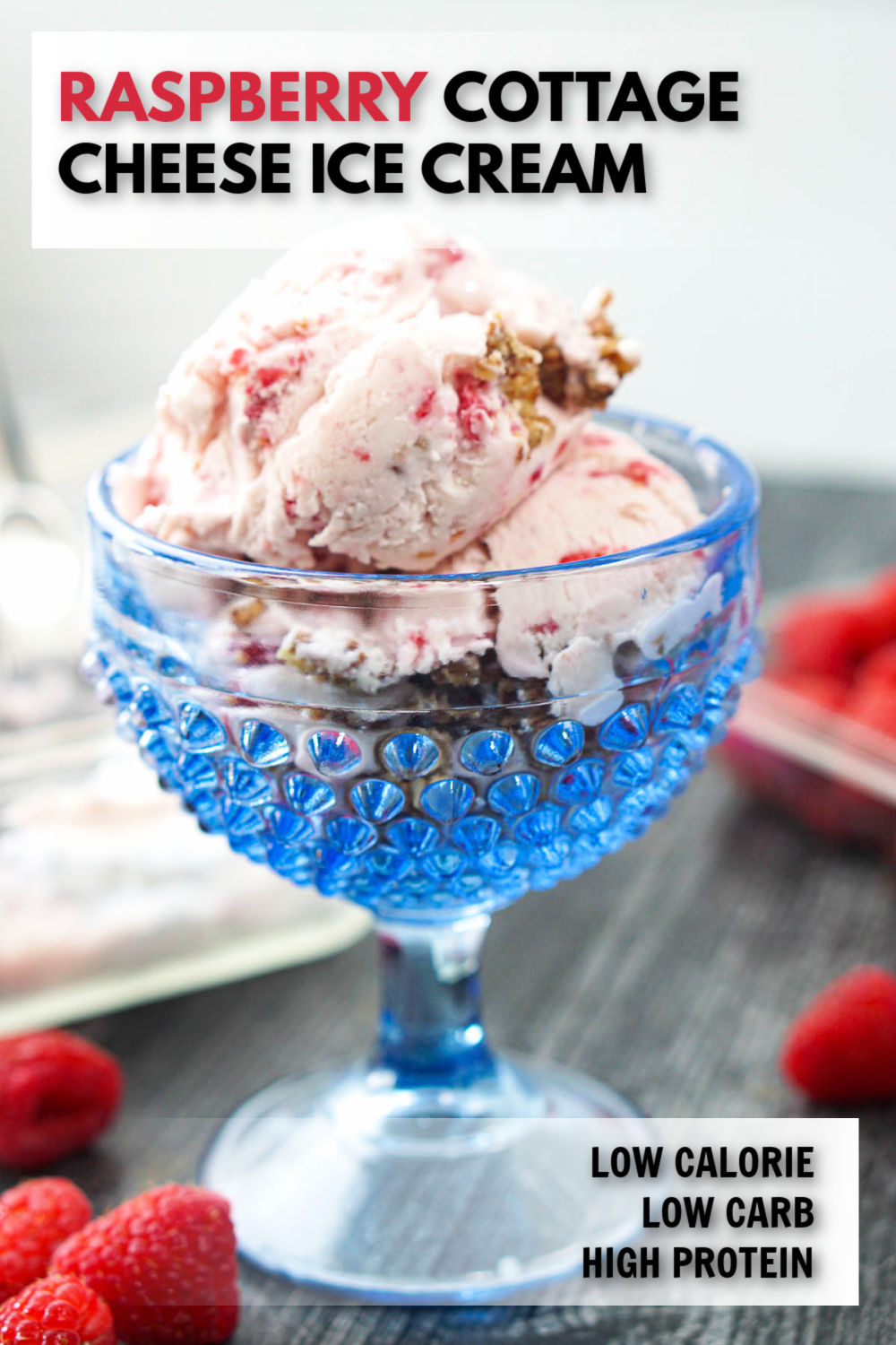 blue dish with keto raspberry cottage cheese ice cream and text