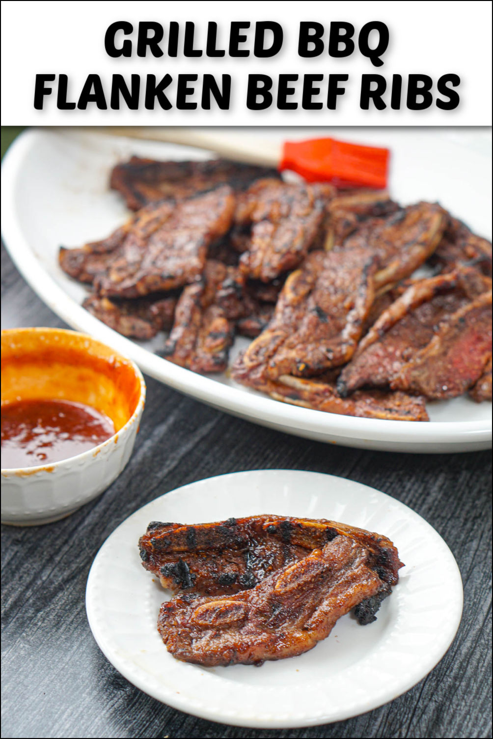white plate and platter with grilled barbecue short ribs and text