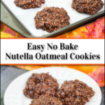 closeup of a baking sheet with Nutella cookies and text