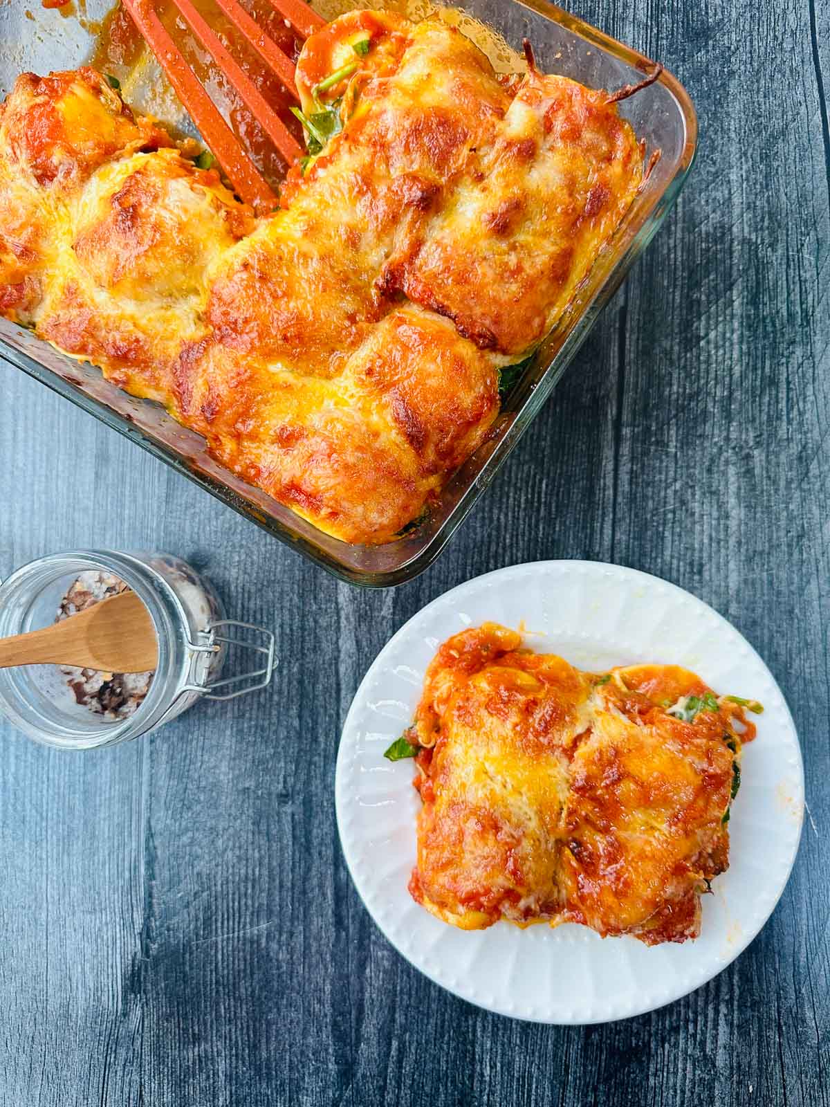 aerial view of pan and plate with air fryer lasagna