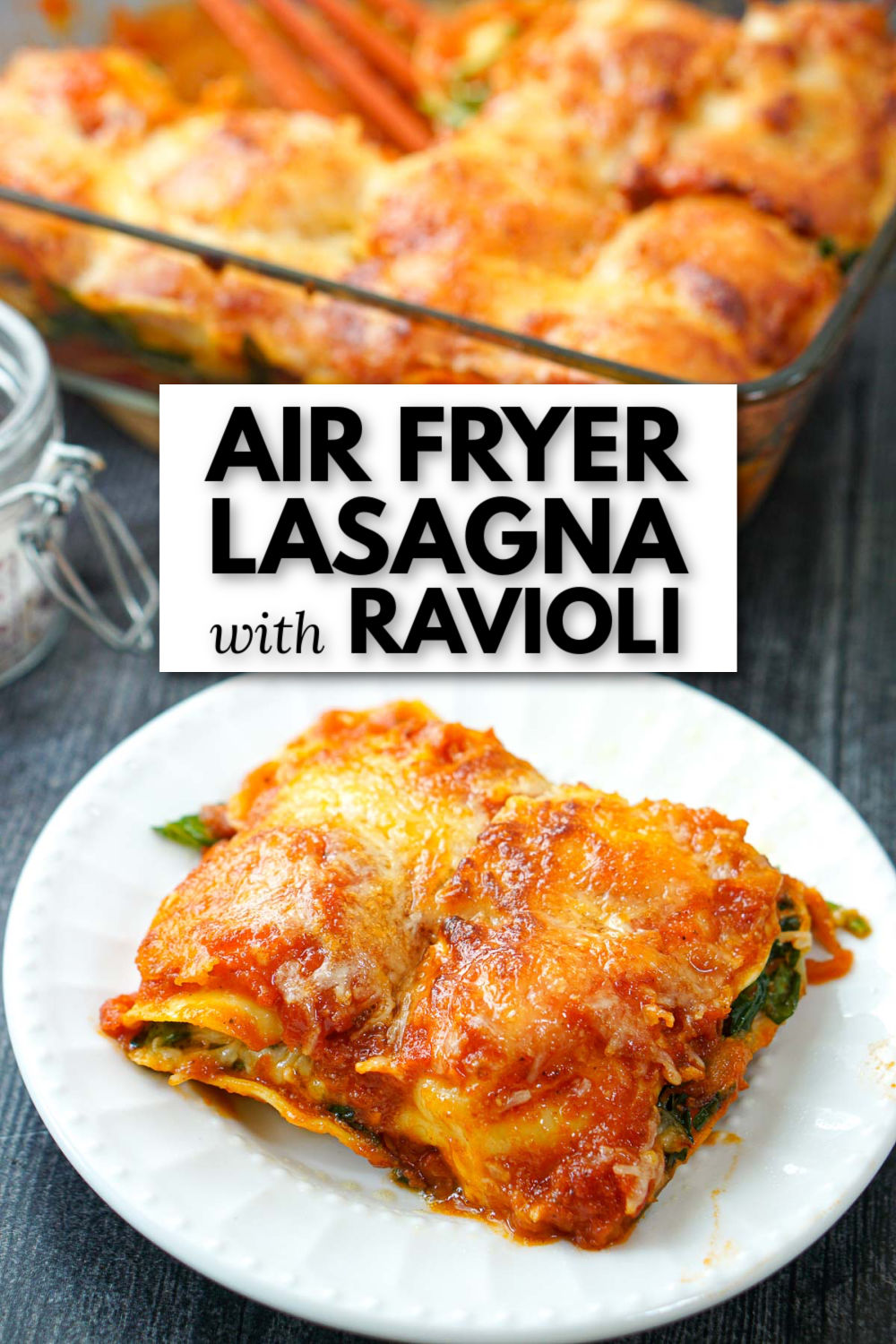 pan and plate with air fryer lasagna with text