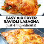 pan and plate with air fryer lasagna with text