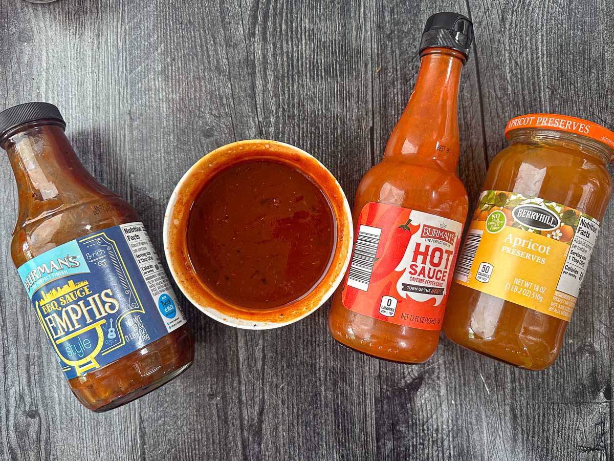 bbq sauce ingredients - bbq sauce, hot sauce and apricot jam