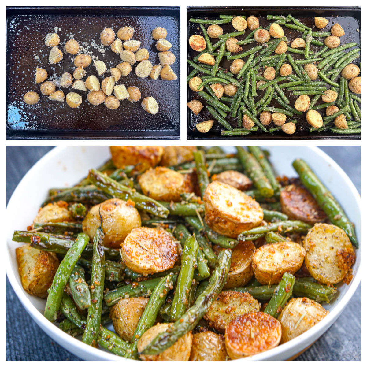 collage of pictures showing how to make the green beans and potatoes in the oven