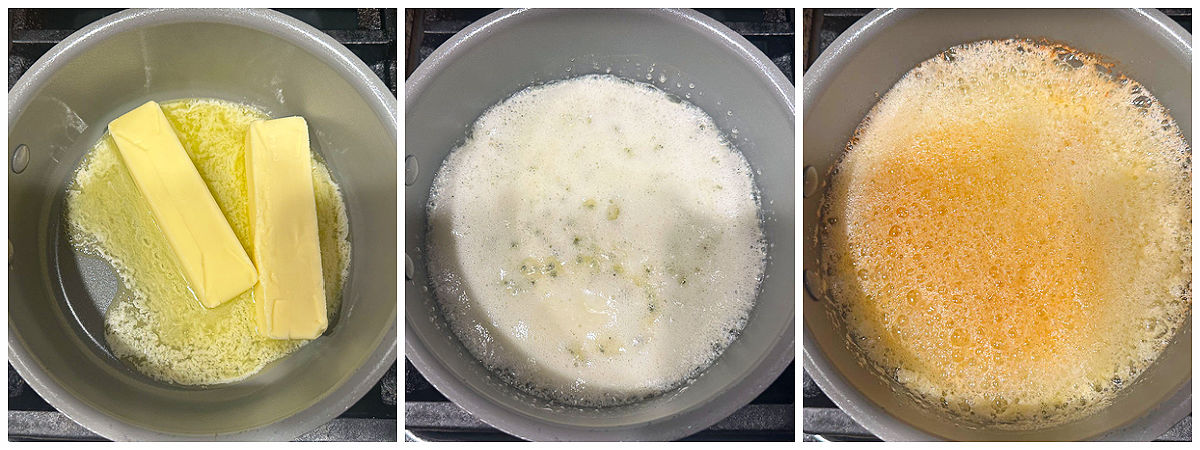 collage of how to make brown butter in a pan