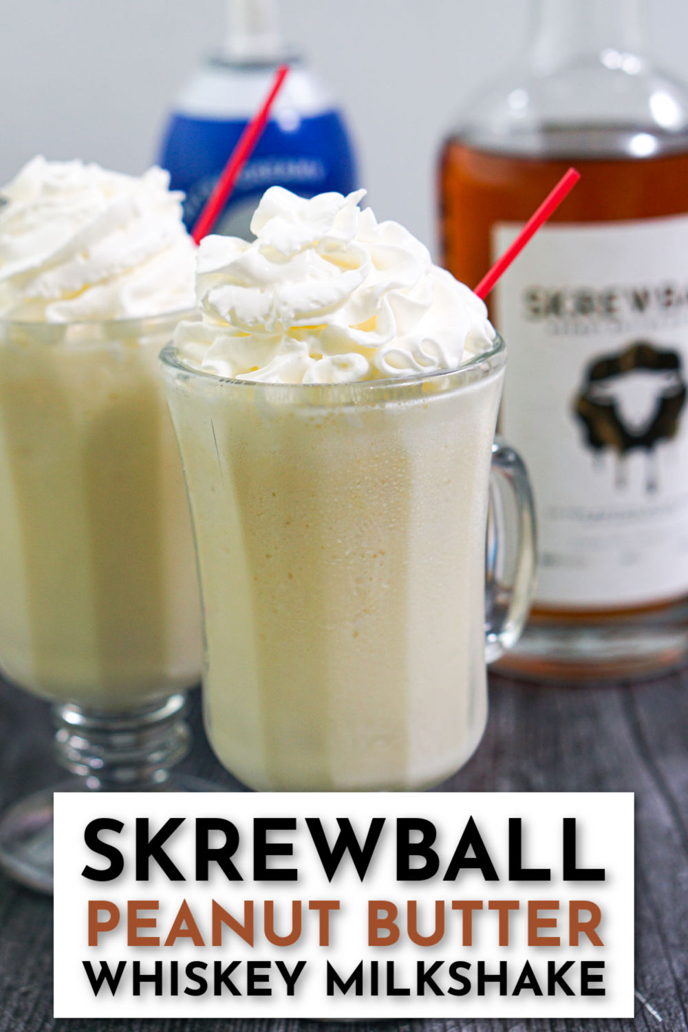 closeup of 2 skrewball milkshakes with ingredient in background and text