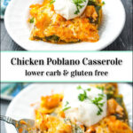 white plate with a serving of casserole topped with sour cream and cilantro and text