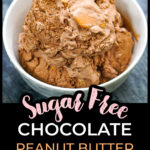 White bowl with serving of keto chocolate peanut butter ice cream and text overlay.