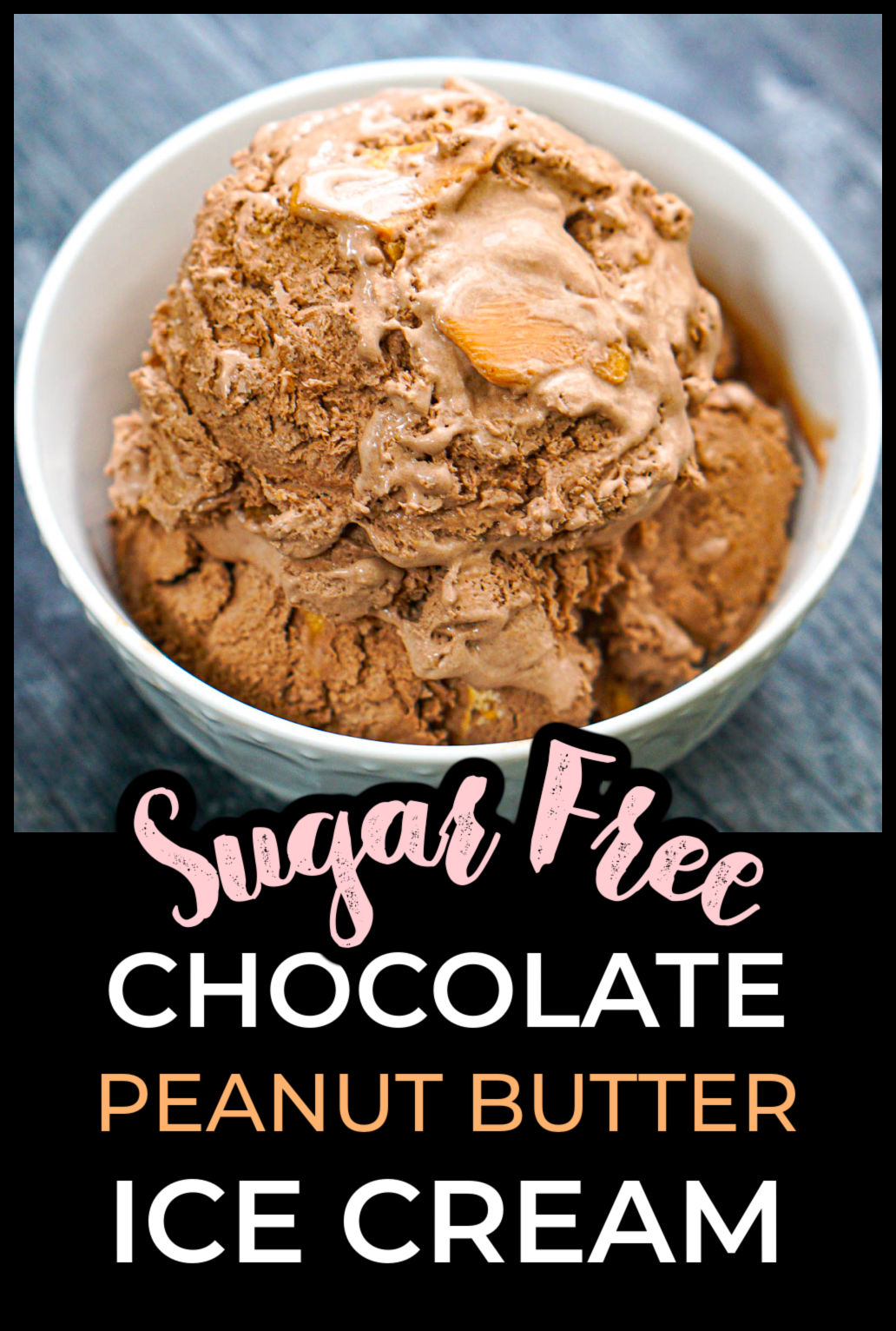 White bowl with serving of keto chocolate peanut butter ice cream and text overlay.
