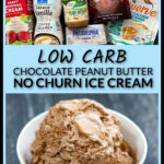 Ingredients and white bowl with serving of keto chocolate peanut butter ice cream and text overlay.