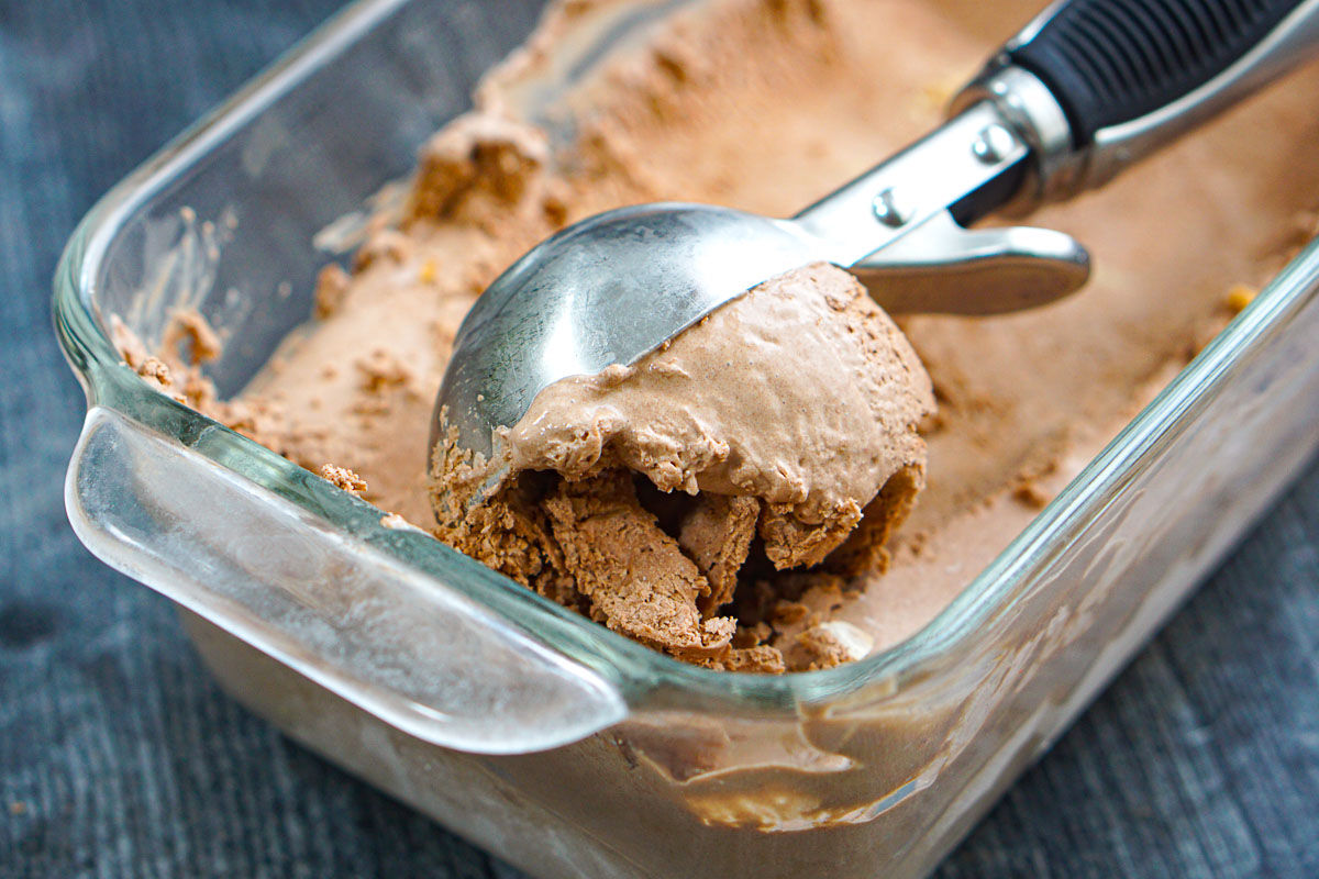 Closeup of the finished dish with a scooper.