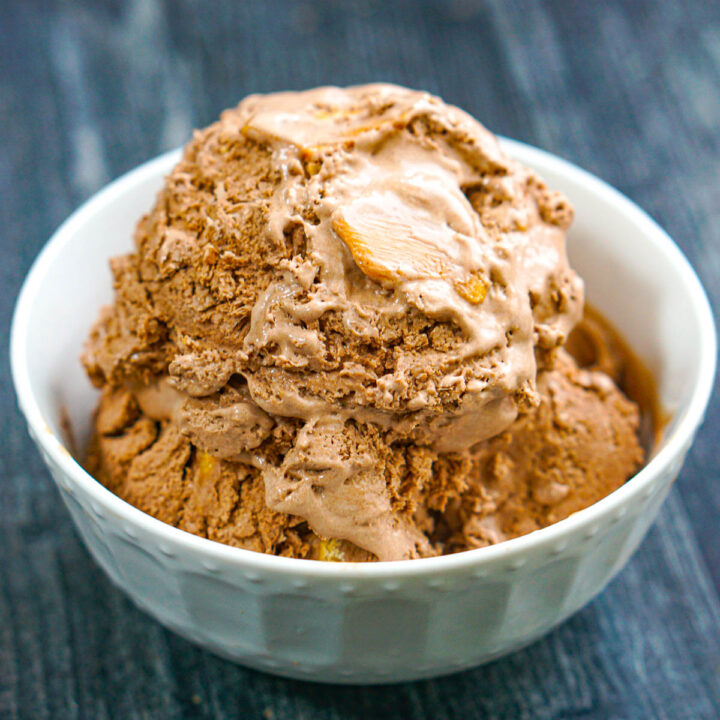 White bowl with serving of keto chocolate peanut butter ice cream.