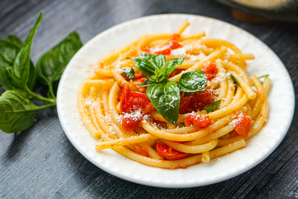 white plate with spaghetti and tomatoes and a sprig of basil