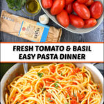 pan and plate with fresh tomato pasta with basil and garlic and text