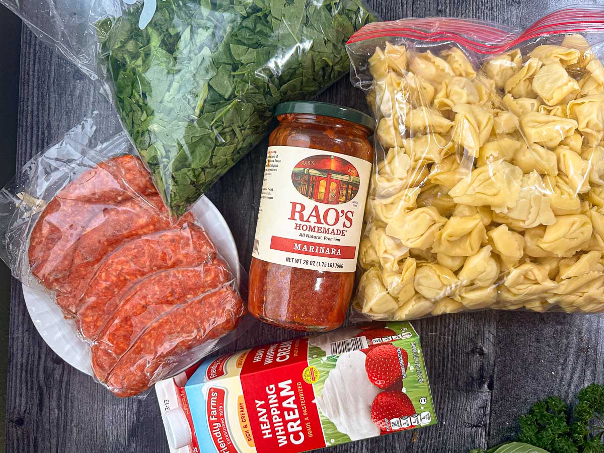 recipe ingredients - marinara sauce, sausage, spinach, tortellini, cream