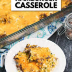 plate and baking dish with zucchini hamburger casserole and text