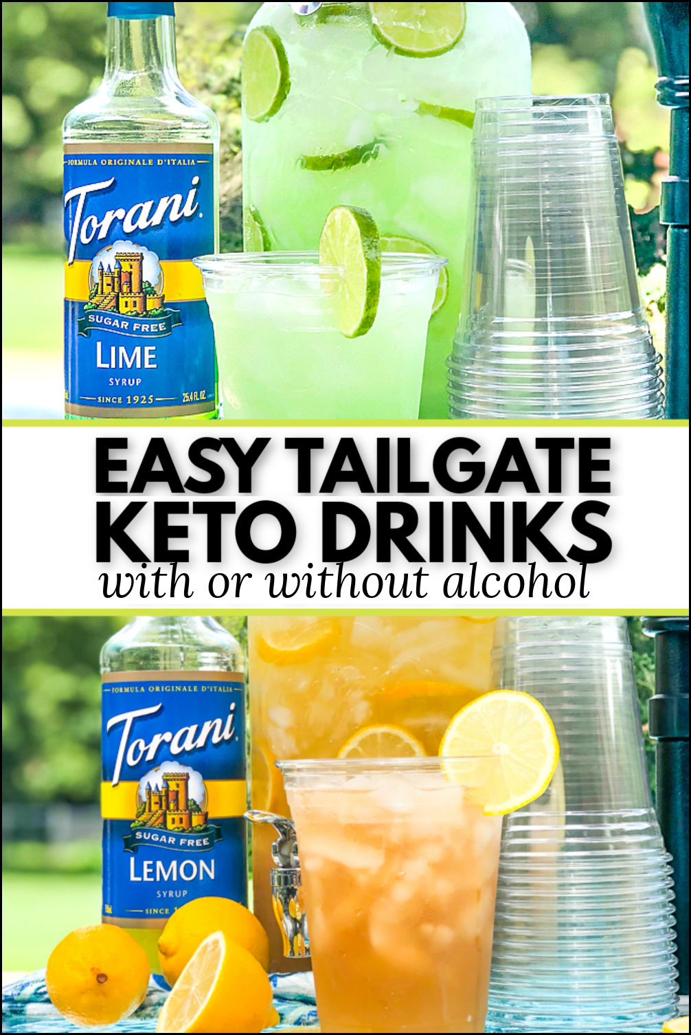 2 large drink dispensers with keto tailgate drinks with text