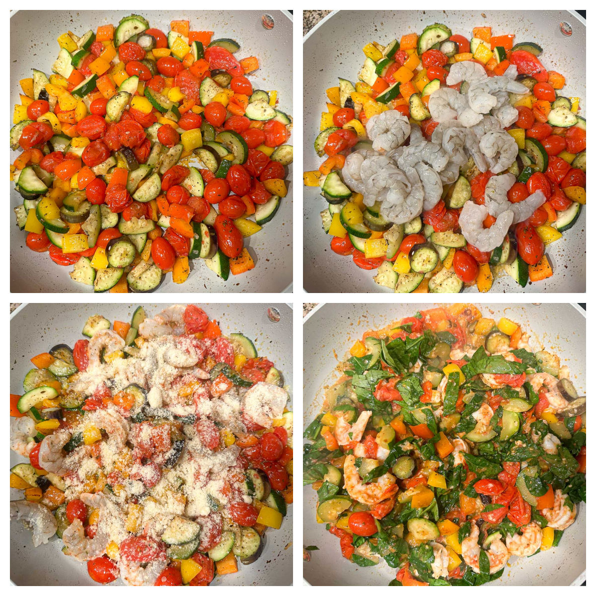 collage of pictures of how to make low calorie shrimp pasta