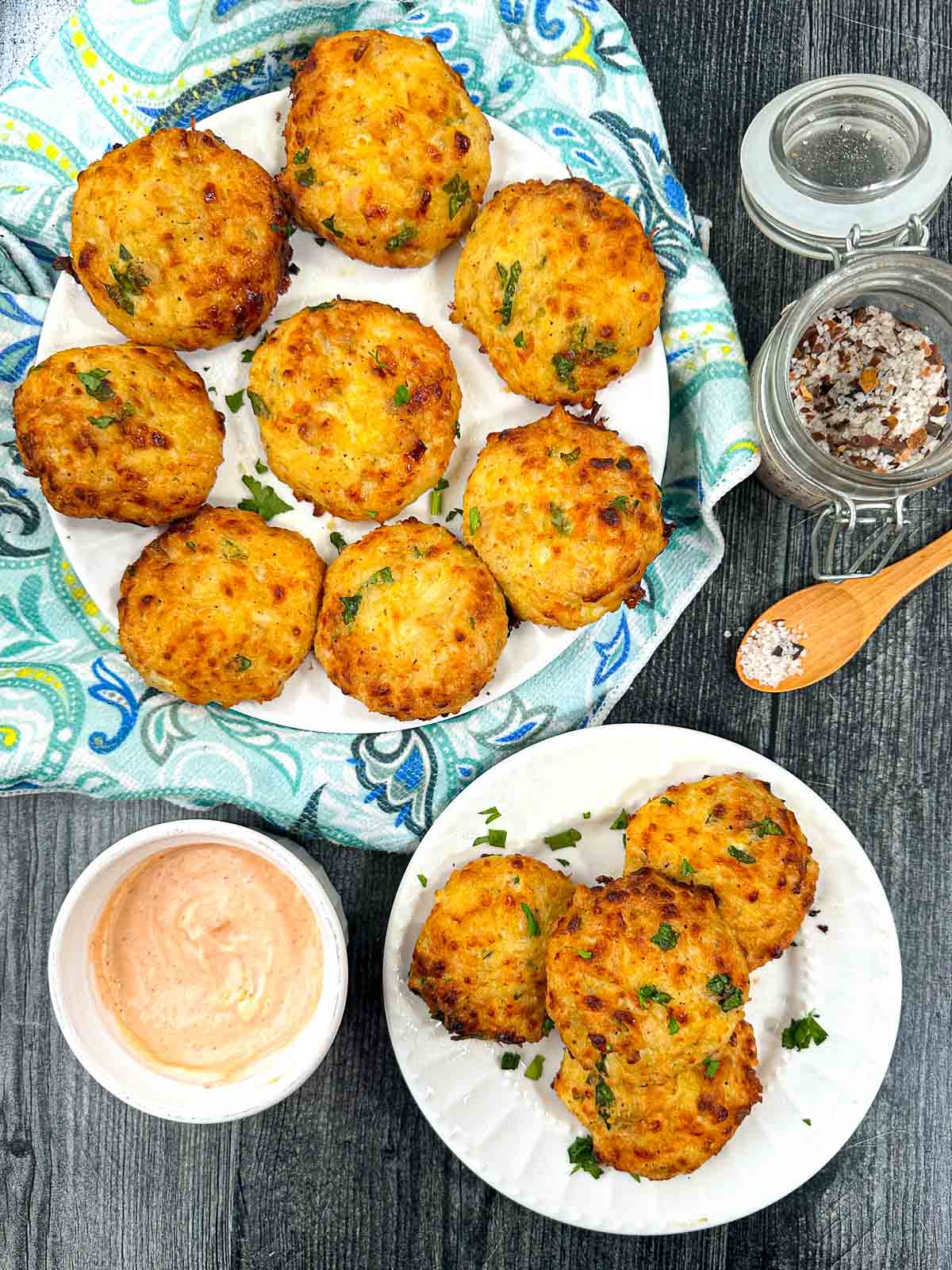 aerial view of plates of keto chicken patties and a dipping sauce