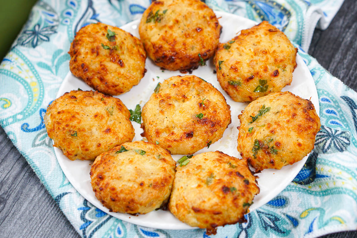 white plate with finished keto chicken patties made in the air fryer